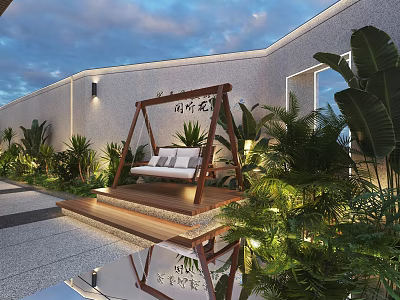 Relaxing Roof Garden With Wooden Swing Green Plants And Evening Lighting 3d model