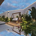 Relaxing Roof Garden With Wooden Swing Green Plants And Evening Lighting