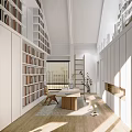 Minimalist Study Room Interior With Open Bookshelves Wooden Desk Laptop And Natural Light