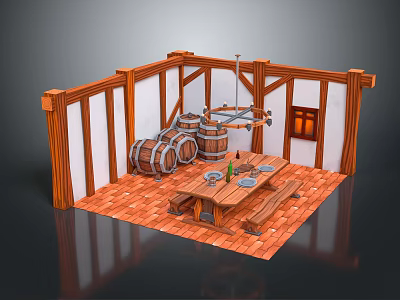 Cartoon Tavern Scene With Half Timbered Walls Wooden Barrels Table Bench And Red Brick Floor 3d model