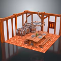 Cartoon Tavern Scene With Half Timbered Walls Wooden Barrels Table Bench And Red Brick Floor