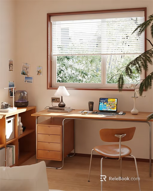 Cozy Home Desk by Window With Blinds Green Plants Laptop Lamp Mug and Bookshelf 3d model 