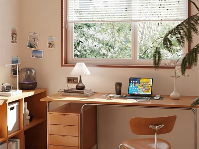 Cozy Home Desk by Window With Blinds Green Plants Laptop Lamp Mug and Bookshelf 3d model