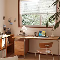 Cozy Home Desk by Window With Blinds Green Plants Laptop Lamp Mug and Bookshelf