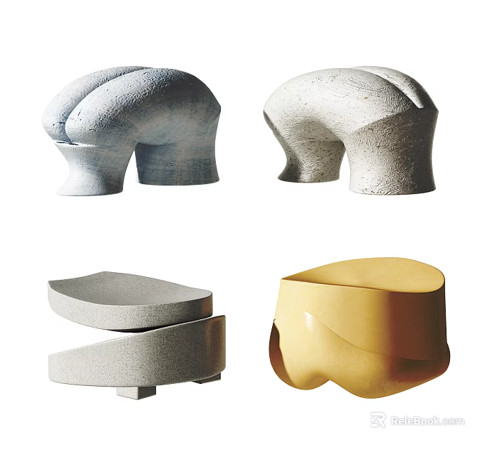 Unique Sculptural Stools With Modern Designed Shapes And Various Textures For Interior Decor 3d model 