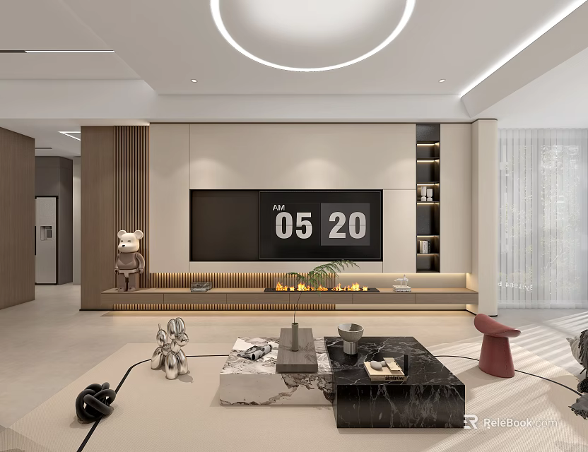 Modern Open Restaurant Interior With Wooden Panels Marble Table And Pendant Lighting 3d model 