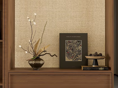 Decorative Ornament Combination With Vase White Flowers Black Frame Pinecone Tray On Natural Wooden Cabinet 3d model
