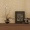 Decorative Ornament Combination With Vase White Flowers Black Frame Pinecone Tray On Natural Wooden Cabinet