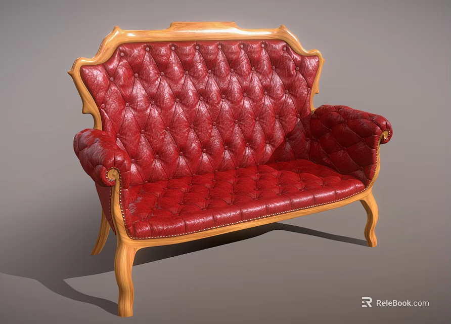 Classic Red Leather Single Sofa With Carved Wooden Arms And Tufted Seat 3d model 