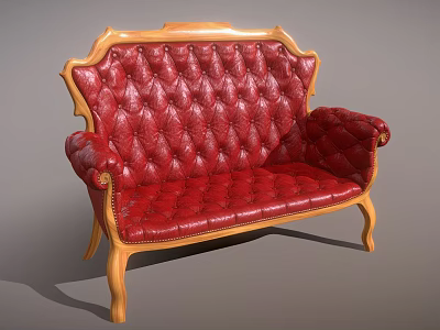 Classic Red Leather Single Sofa With Carved Wooden Arms And Tufted Seat 3d model