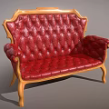 Classic Red Leather Single Sofa With Carved Wooden Arms And Tufted Seat