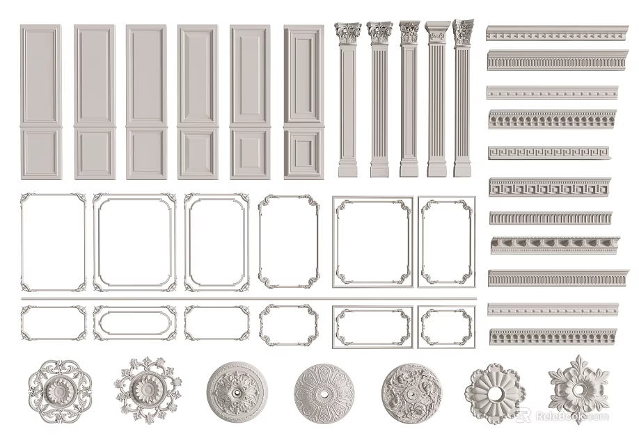 Roman Columns With Various Capitals Decorative Moldings And Ornamental Rosettes For Architectural Design 3d model 