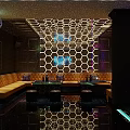 Modern KTV Interior Featuring Hexagonal Ceiling Neon Lights Mirrored Flooring And Sofa Area 3d model