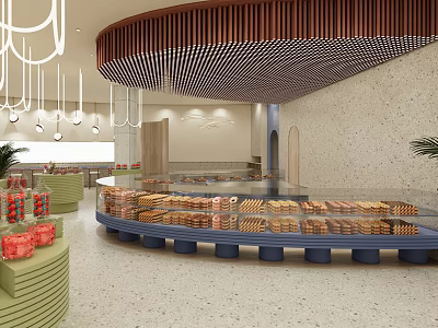 Modern Dessert Shop Interior with Glass Display Cases Fresh Pastries Wooden Curved Ceiling Hanging Lights 3d model