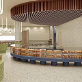 Modern Dessert Shop Interior with Glass Display Cases Fresh Pastries Wooden Curved Ceiling Hanging Lights