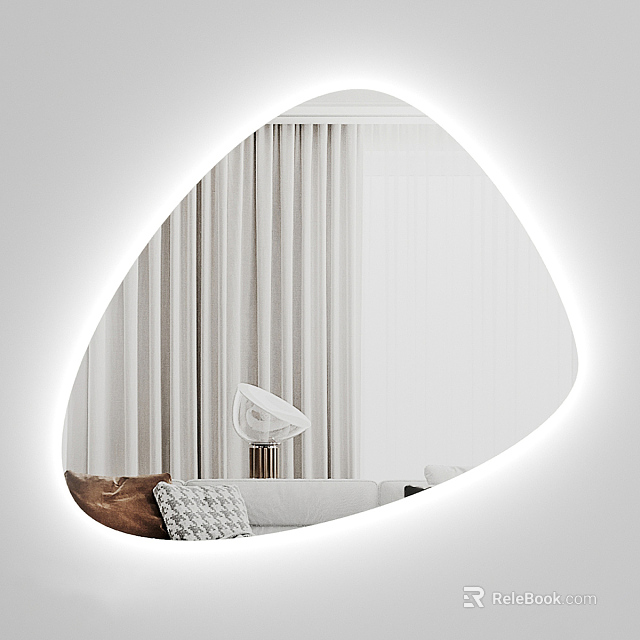 Illuminated Irregular Mirror Reflects Living Room Sofa Pillows Lamp Curtains 3d model 
