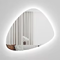 Illuminated Irregular Mirror Reflects Living Room Sofa Pillows Lamp Curtains