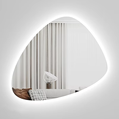 Illuminated Irregular Mirror Reflects Living Room Sofa Pillows Lamp Curtains 3d model
