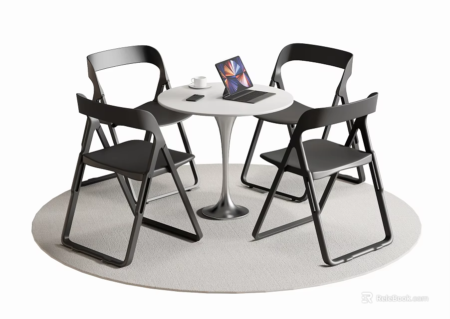 Modern Round Dining Table Set With White Tabletop Four Black Chairs And Laptop 3d model 