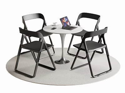 Modern Round Dining Table Set With White Tabletop Four Black Chairs And Laptop 3d model