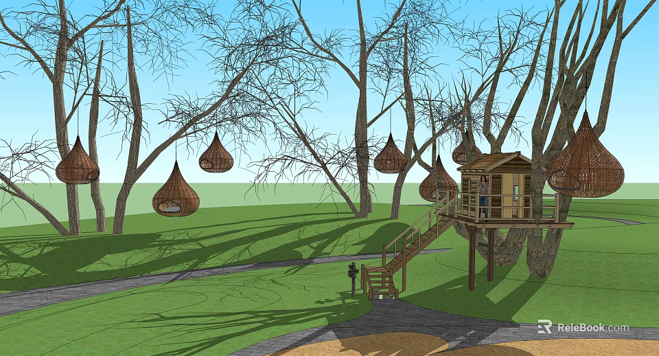 Scenic Outdoor Space With Treehouse Hanging Pod Structures Green Grass And Wooden Stairs 3d model 