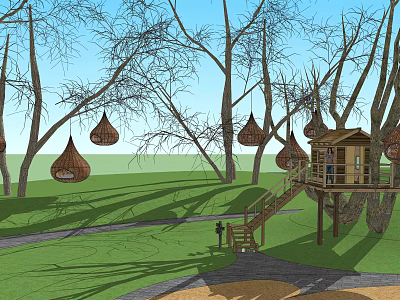 Scenic Outdoor Space With Treehouse Hanging Pod Structures Green Grass And Wooden Stairs 3d model
