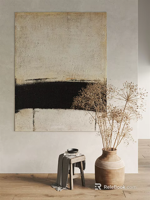 Abstract Wall Painting With Cream Background Black Stripe And Dried Flowers Vase 3d model 