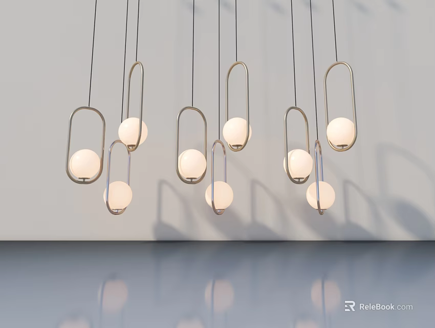 Modern Interior with Stylish Hinged Door and Hanging Metal Frame Pendant Lights 3d model 