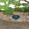 Lush Garden Landscape With Trees Rocks Stone Wall Pavement Bushes And Water Feature