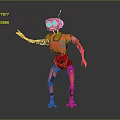 Red Mechanical Robot With Large Round Eyes And Jointed Limbs Standing In Gray Background