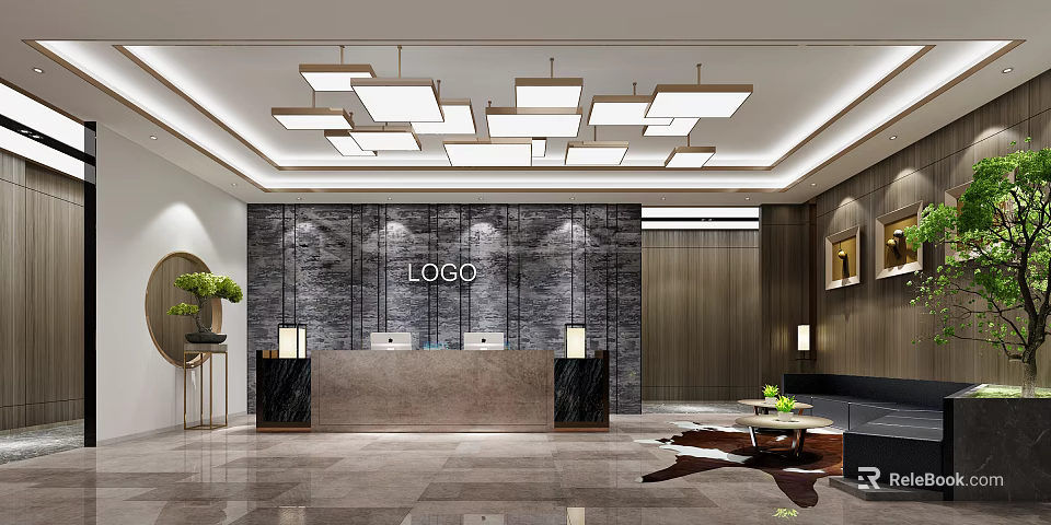 Hotel Lobby Interior Design With Reception Desk Marble Wall Square Pendant Lights And Lounge Area 3d model 