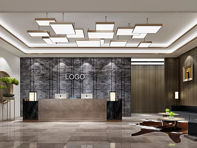 Hotel Lobby Interior Design With Reception Desk Marble Wall Square Pendant Lights And Lounge Area 3d model