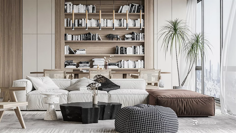 Modern Sofa And Coffee Table Combination With White Upholstery Black Table Wooden Bookshelf And Palm Plant 3d model 