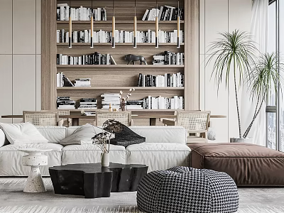 Modern Sofa And Coffee Table Combination With White Upholstery Black Table Wooden Bookshelf And Palm Plant 3d model