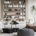Modern Sofa And Coffee Table Combination With White Upholstery Black Table Wooden Bookshelf And Palm Plant