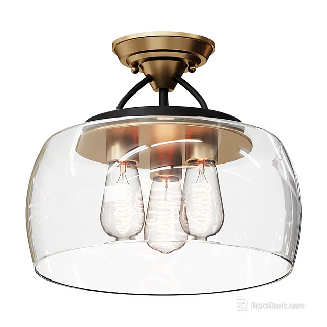 Modern Vintage Flush Mount Ceiling Light With Clear Glass Shade And Three Edison Bulbs 3d model 