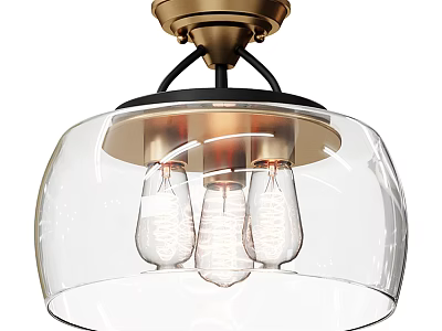 Modern Vintage Flush Mount Ceiling Light With Clear Glass Shade And Three Edison Bulbs 3d model