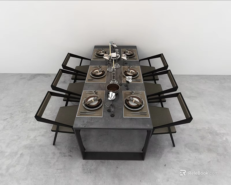 Modern Dining Table Set With Matching Chairs And Tableware For Dining Room 3d model 
