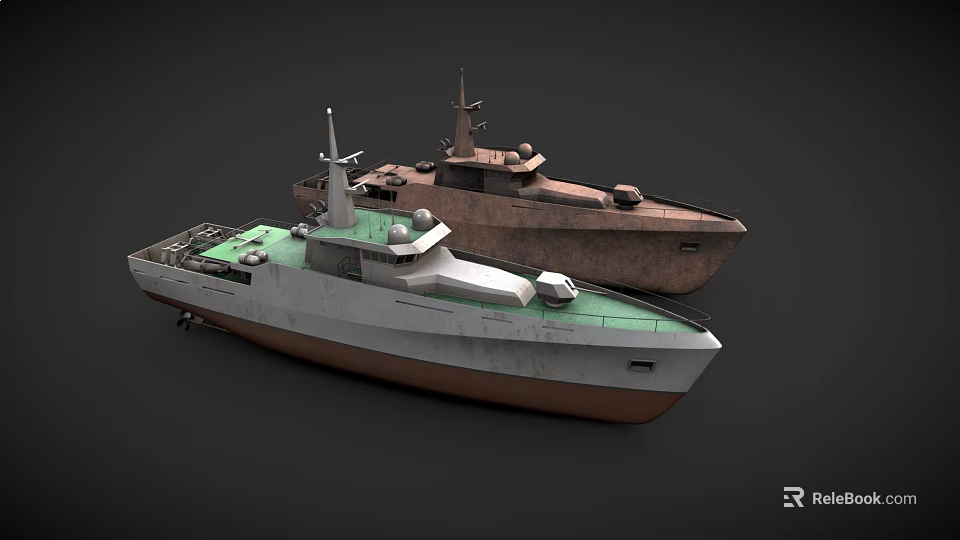 Two Modern And Classic Yachts With Green Deck And Antenna Structure 3d model 