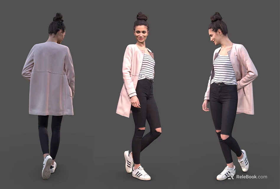 Woman In Pink Coat With Striped Top Wearing Black Ripped Jeans And White Sneakers 3d model 