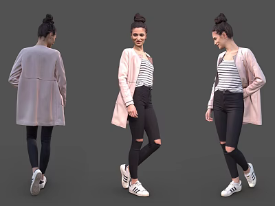 Woman In Pink Coat With Striped Top Wearing Black Ripped Jeans And White Sneakers 3d model