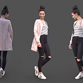Woman In Pink Coat With Striped Top Wearing Black Ripped Jeans And White Sneakers