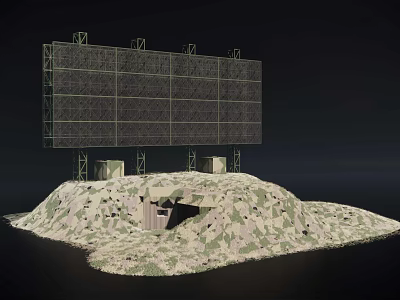 Military Weapon System Featuring Large Grid Structure On Support Frame And Camouflaged Bunker Base 3d model