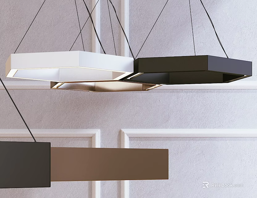 Modern Rectangular Pendant Lights White Black Brown Hanging In White Wall Background 3d model 