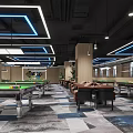 Modern Billiard Room Interior Design With Blue Strip Lights And Multiple Pool Tables 3d model