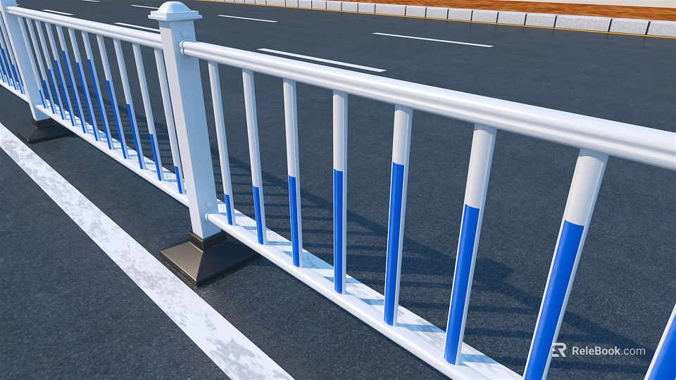 White And Blue Steel Road Guardrail With Vertical Posts Along Urban Street 3d model 