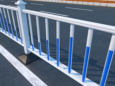White And Blue Steel Road Guardrail With Vertical Posts Along Urban Street 3d model