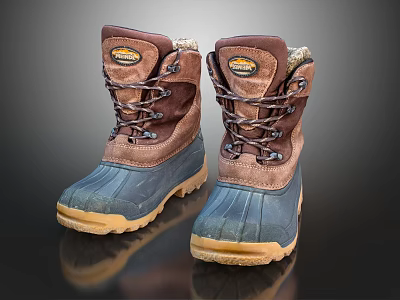 Brown And Blue Waterproof Lace Up Winter Boots With Yellow Non Slip Sole 3d model