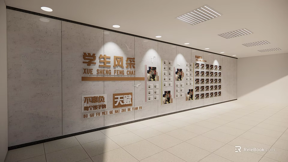 Student Showcase Photo Wall with Multiple Student Photos and Text Labels in School Environment 3d model 