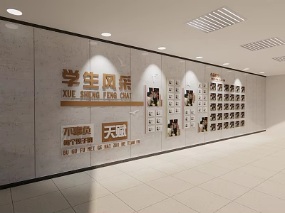 Student Showcase Photo Wall with Multiple Student Photos and Text Labels in School Environment 3d model